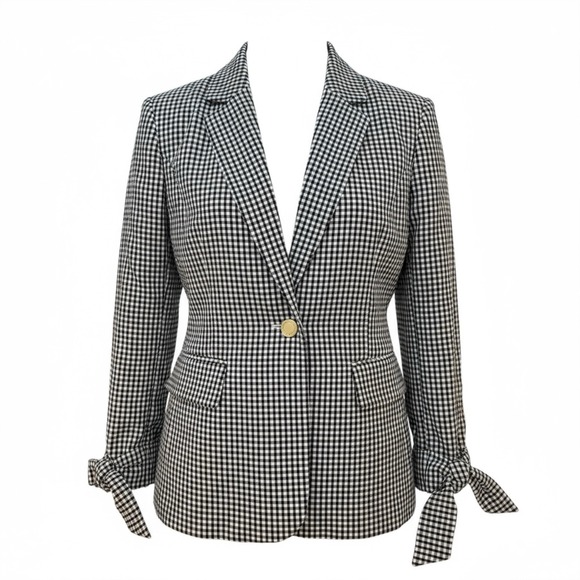 Womens Anne Klein Size M 3/4 Sleeve Gingham Seersucker Jacket Black White Check - Picture 1 of 16